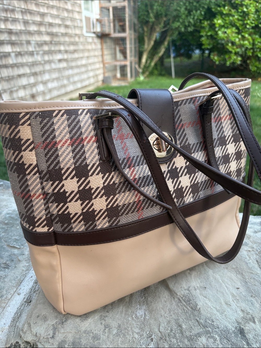 Spartina 449 Women's Beige and Brown Plaid Tote Bag